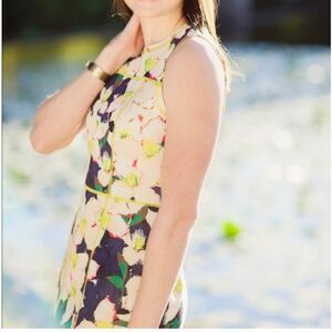 J. Crew Cove Scuba Floral Dress w Neon Green Zipper & Stitching Size 2